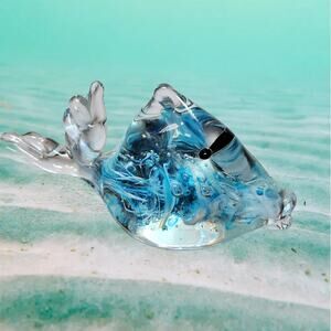 Clear Glass Fish Figurine with Blue Ribbon Swirls Bubbles - Ocean-Inspired Decor